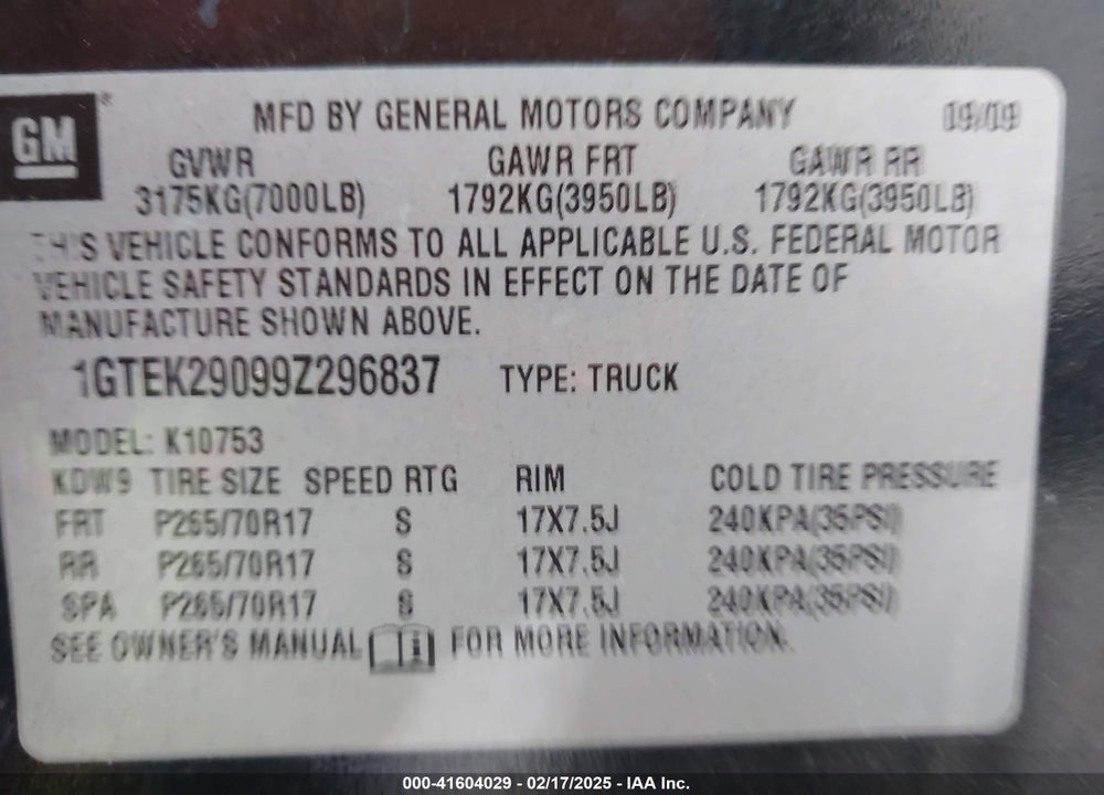 2009 GMC SIERRA 1500 VIN: 1GTEK29099Z296837