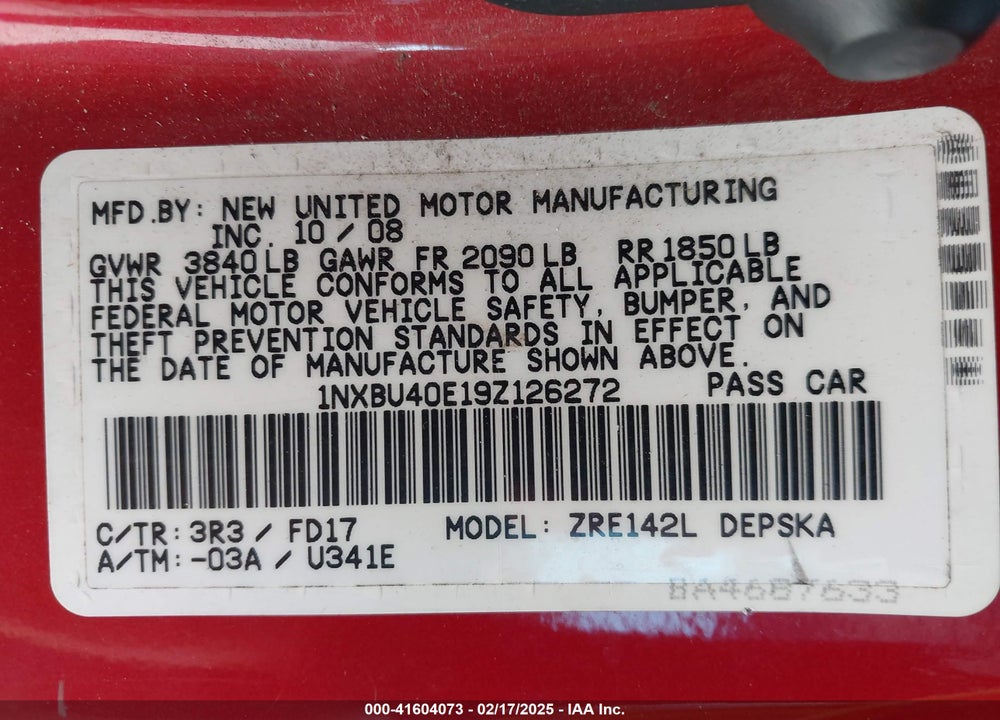 2009 TOYOTA COROLLA S VIN: 1NXBU40E19Z126272