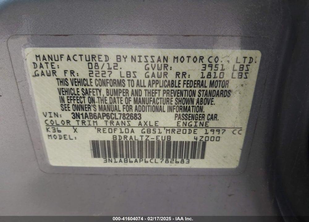 2012 NISSAN SENTRA VIN: 3N1AB6AP6CL782683