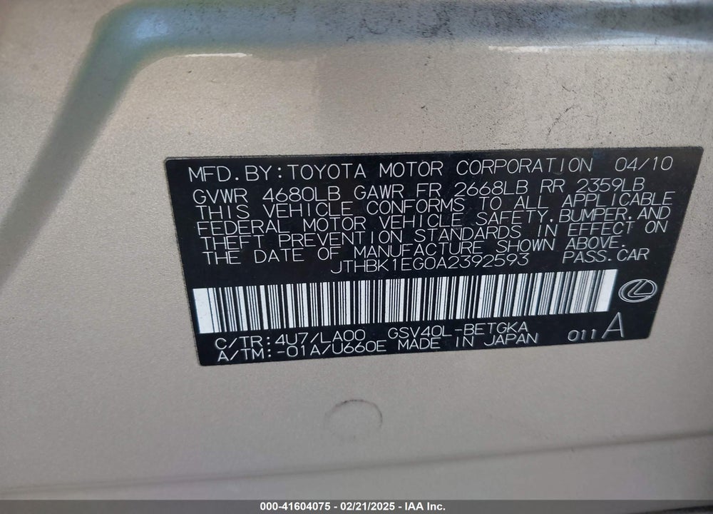 2010 LEXUS ES 350 VIN: JTHBK1EG0A2392593
