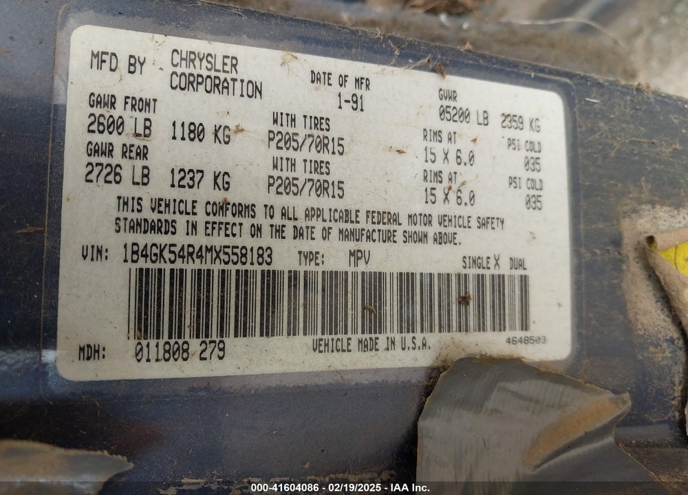 1991 DODGE GRAND CARAVAN LE VIN: 1B4GK54R4MX558183