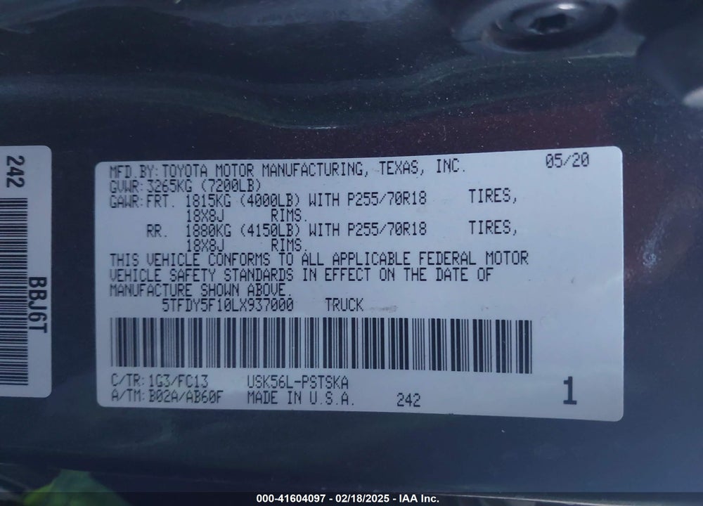 2020 TOYOTA TUNDRA VIN: 5TFDY5F10LX937000