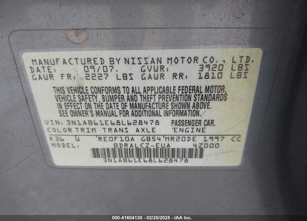 2008 NISSAN SENTRA VIN: 3N1AB61E68L628478
