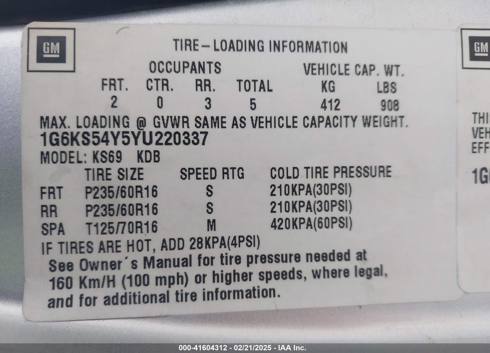 2000 CADILLAC SEVILLE VIN: 1G6KS54Y5YU220337
