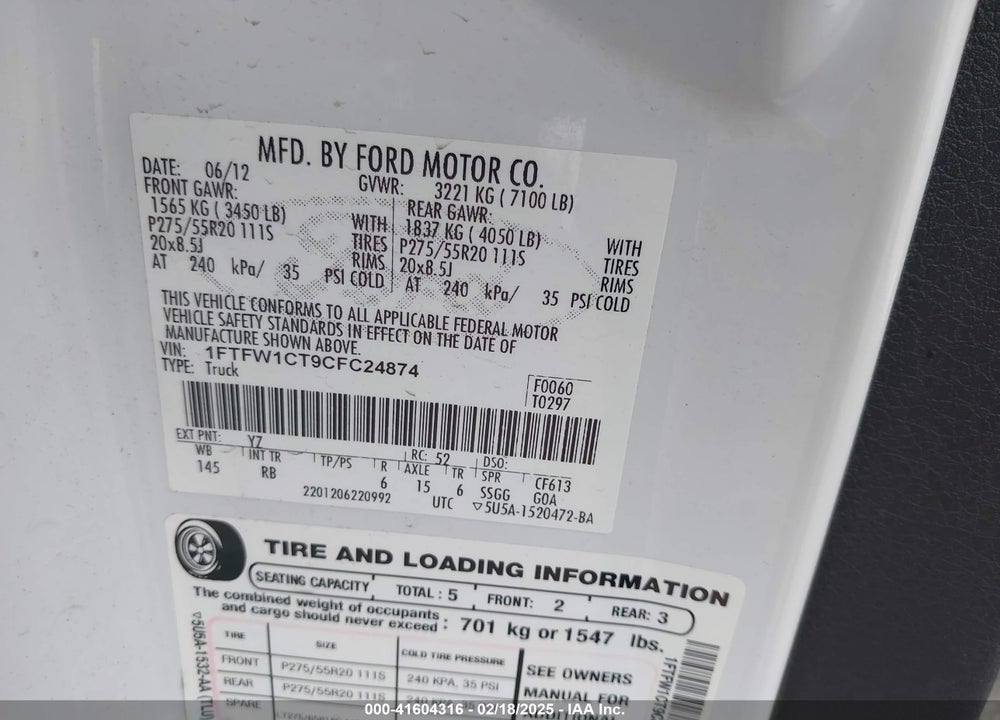 2012 FORD F-150 VIN: 1FTFW1CT9CFC24874