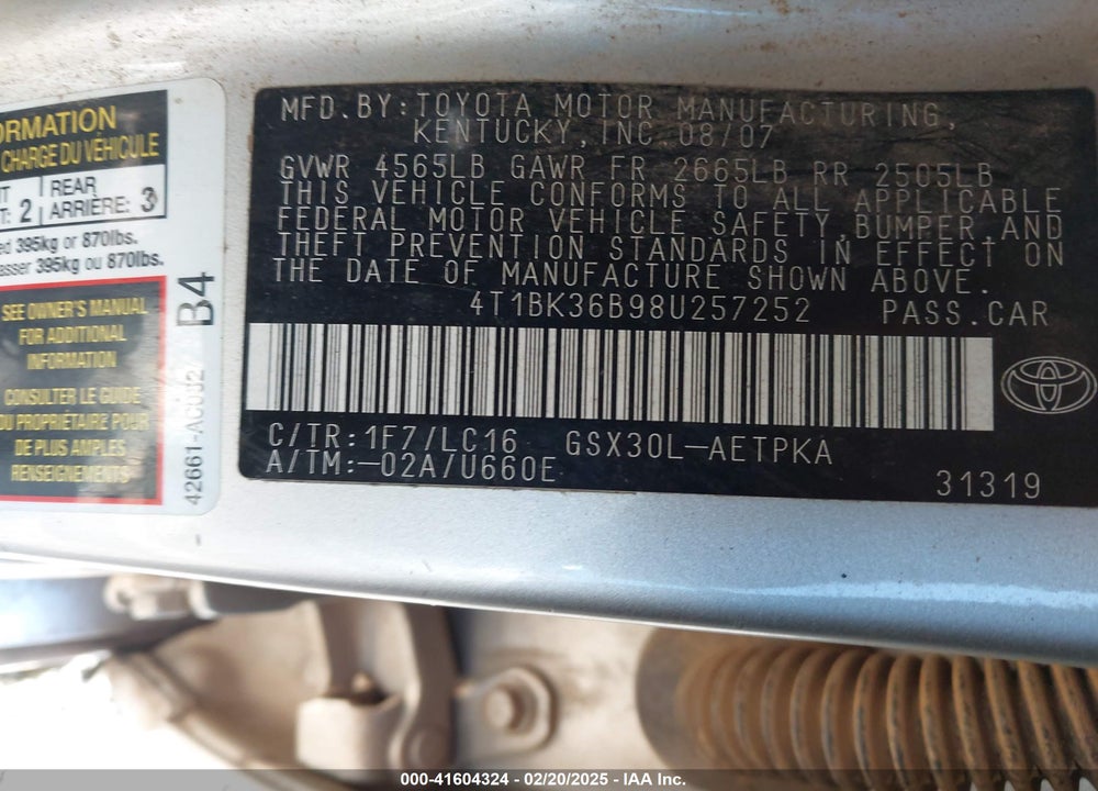 2008 TOYOTA AVALON VIN: 4T1BK36B98U257252