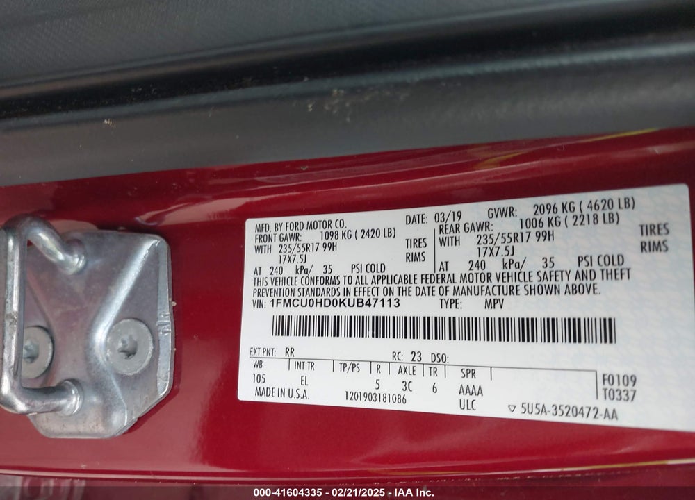 2019 FORD ESCAPE VIN: 1FMCU0HD0KUB47113