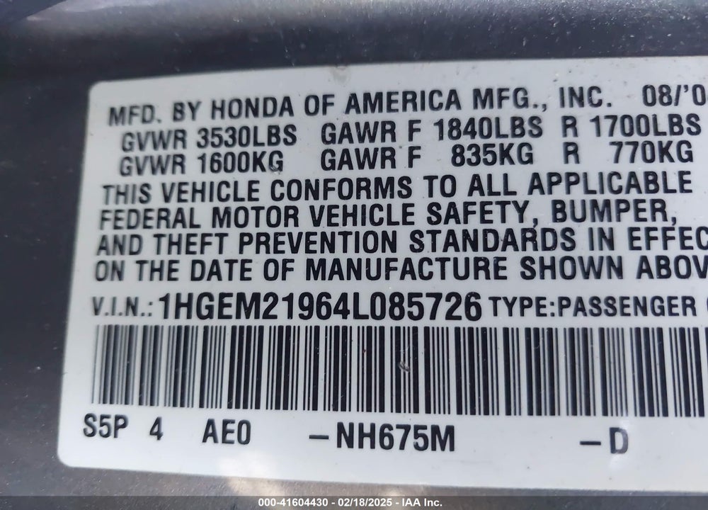 2004 HONDA CIVIC EX VIN: 1HGEM21964L085726