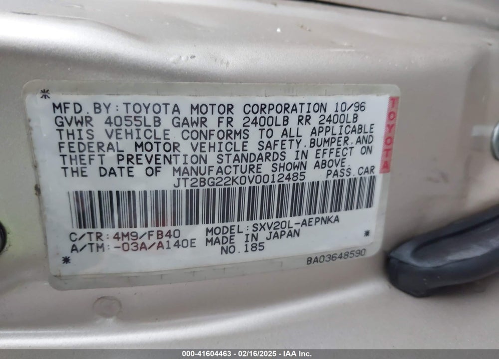 1997 TOYOTA CAMRY VIN: JT2BG22K0V0012485