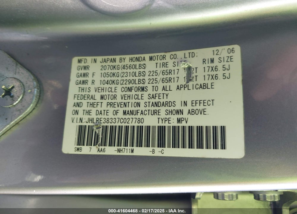 2007 HONDA CR-V LX VIN: JHLRE38337C027780