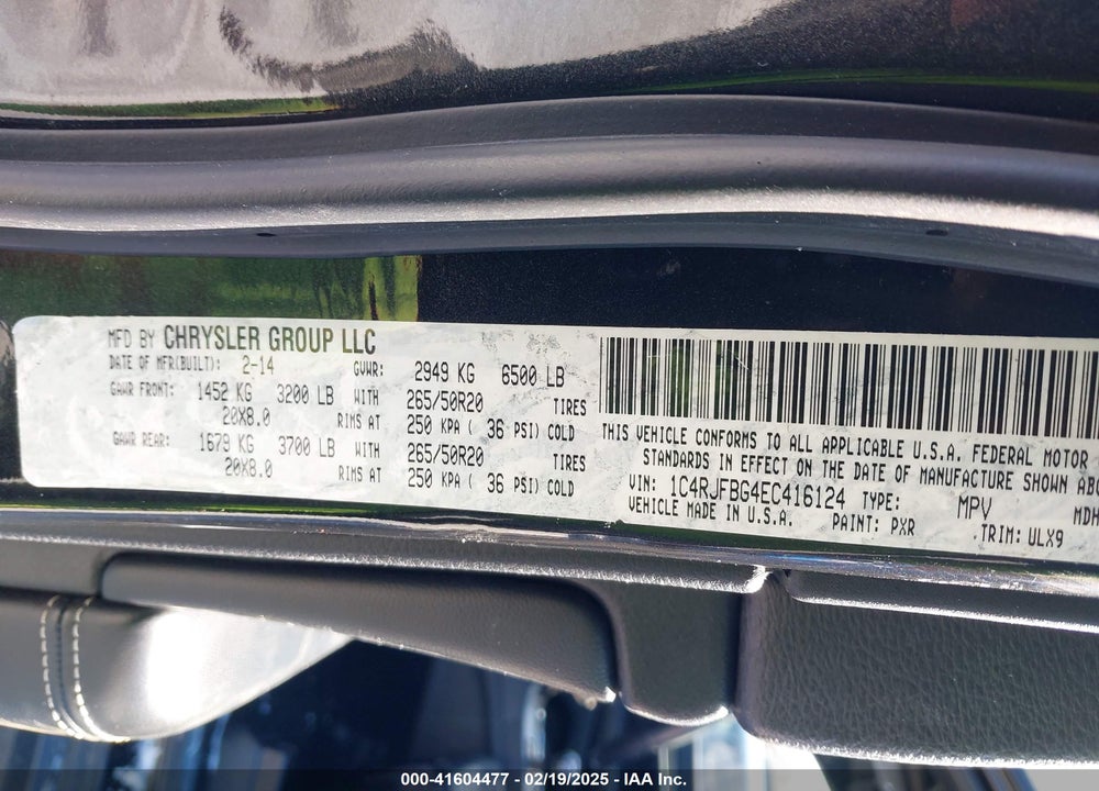 2014 CHERO JEEP GRAND KEE LIMITED VIN: 1C4RJFBG4EC416124