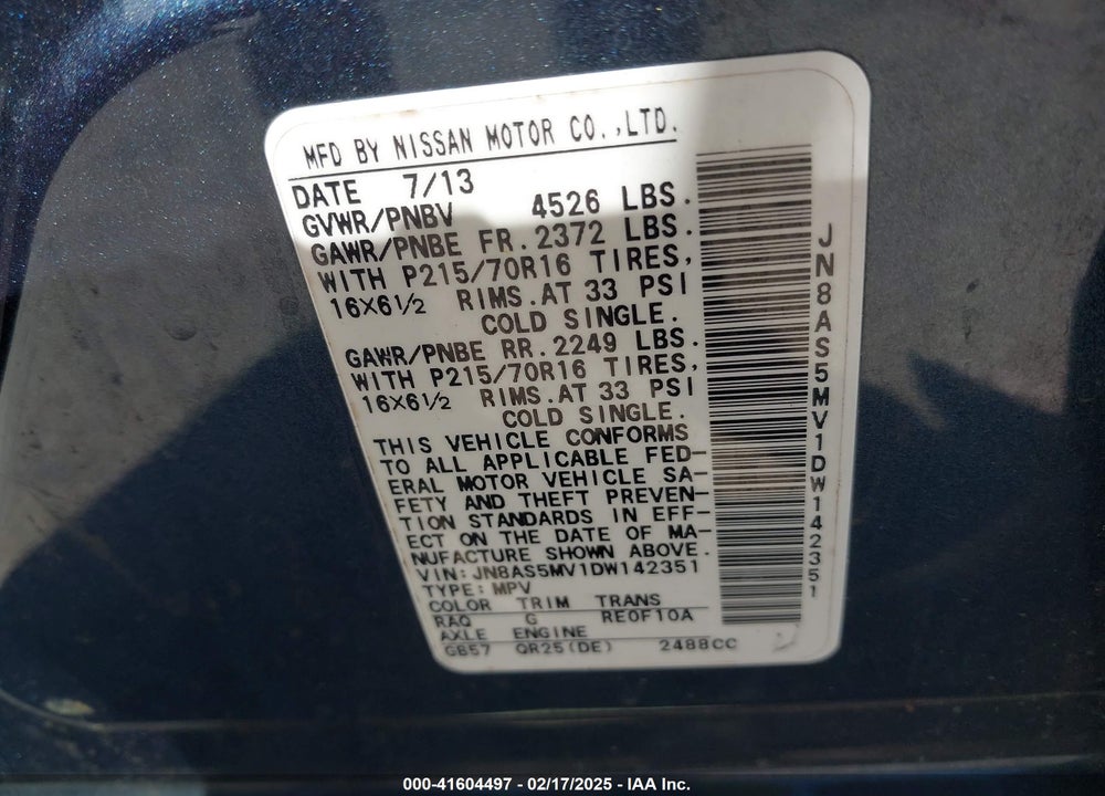 2013 NISSAN ROGUE VIN: JN8AS5MV1DW142351