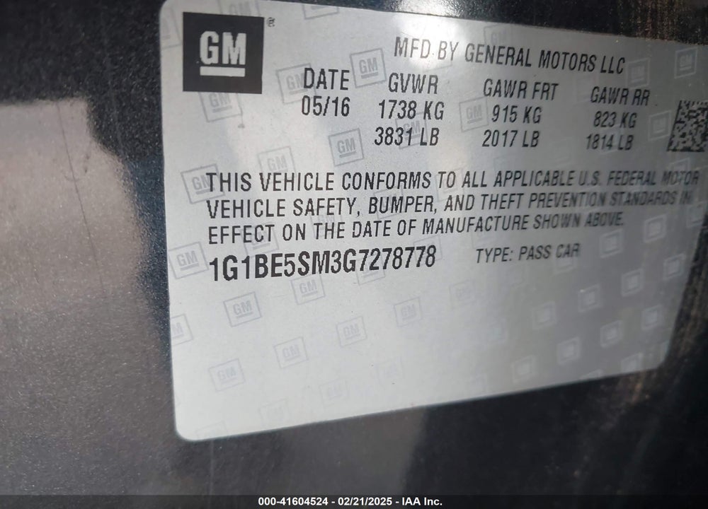 2016 CHEVROLET CRUZE VIN: 1G1BE5SM3G7278778