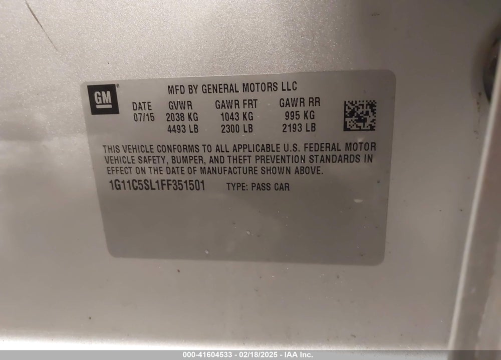 2015 CHEVROLET MALIBU VIN: 1G11C5SL1FF351501