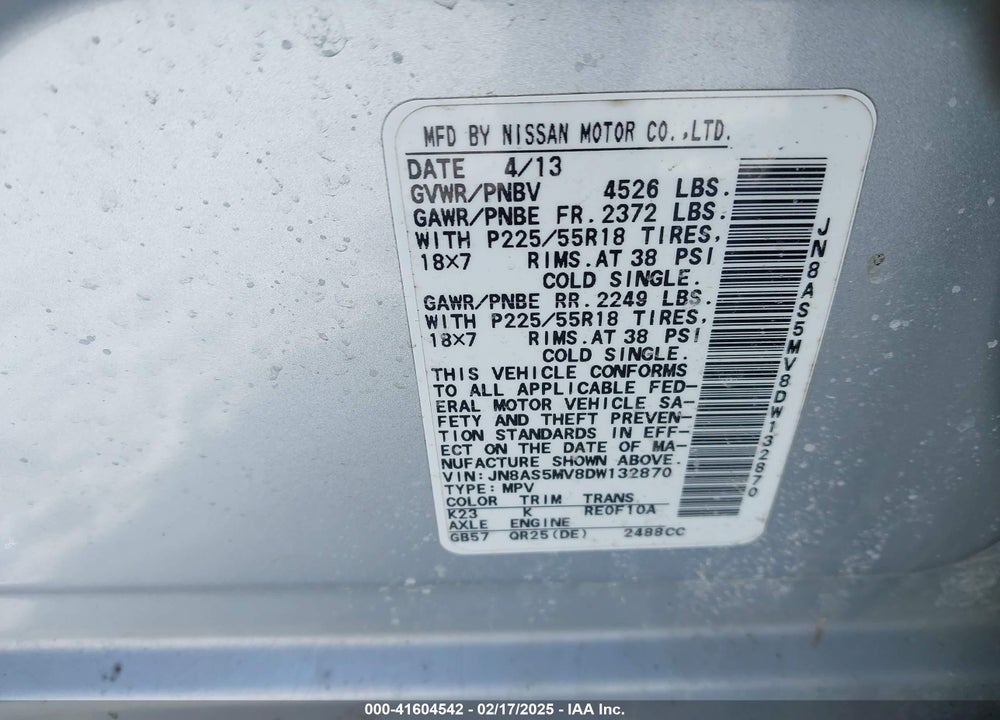 2013 NISSAN ROGUE VIN: JN8AS5MV8DW132870