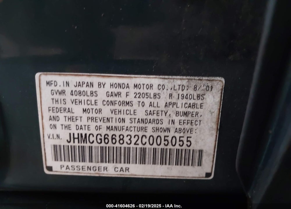 2002 HONDA ACCORD 2.3 EX/2.3 SE VIN: JHMCG66832C005055