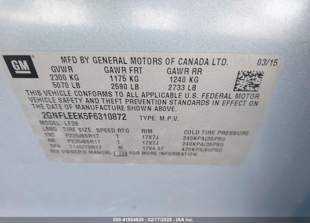 2015 CHEVROLET EQUINOX LS VIN: 2GNFLEEK5F6310872