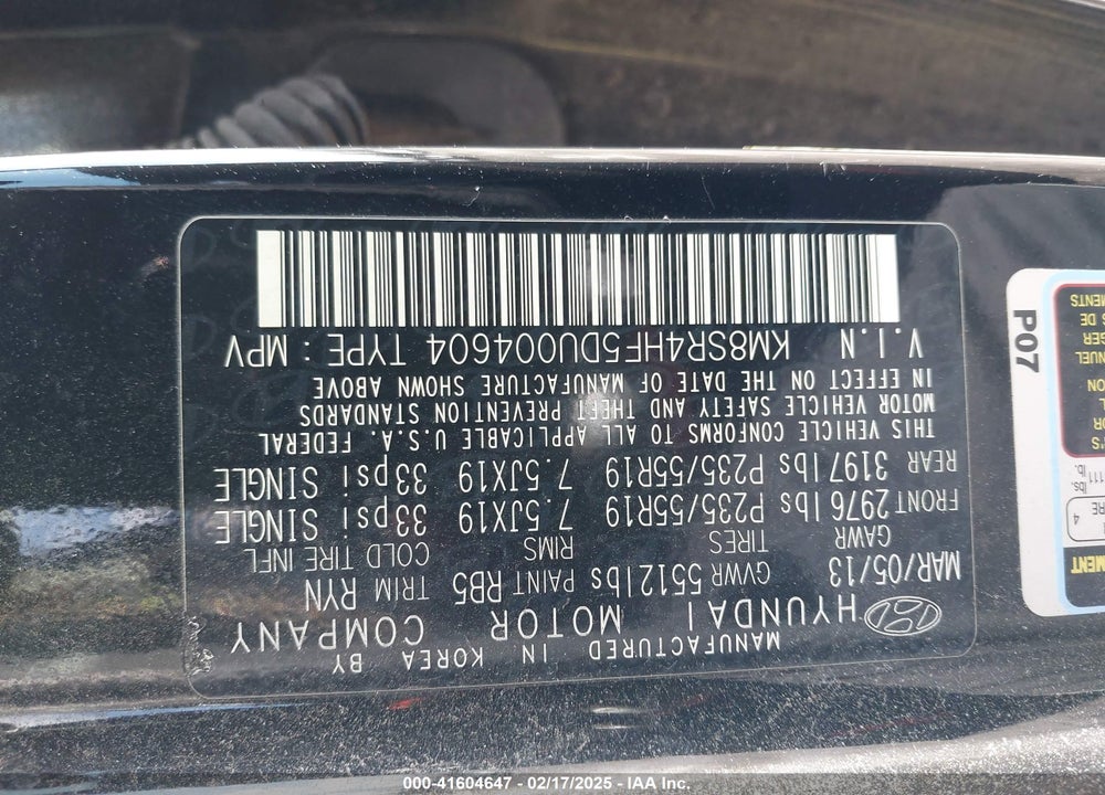 2013 HYUNDAI SANTA FE LIMITED VIN: KM8SR4HF5DU004604