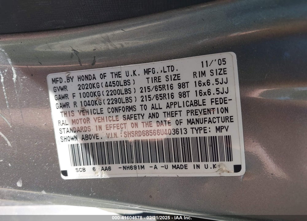 2006 HONDA CR-V LX VIN: SHSRD68566U403613