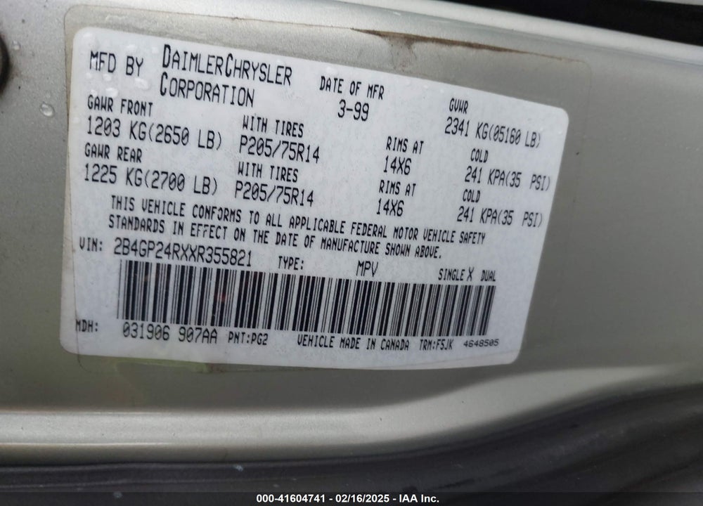 1999 DODGE GRAND CARAVAN VIN: 2B4GP24RXXR355821