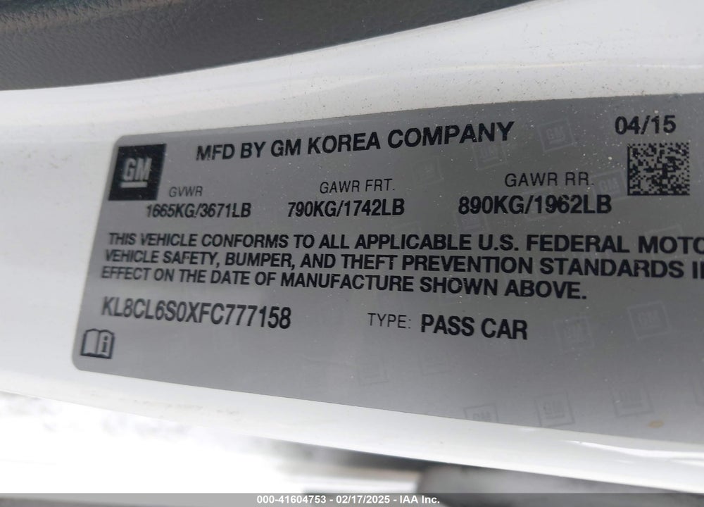 2015 CHEVROLET SPARK EV VIN: KL8CL6S0XFC777158