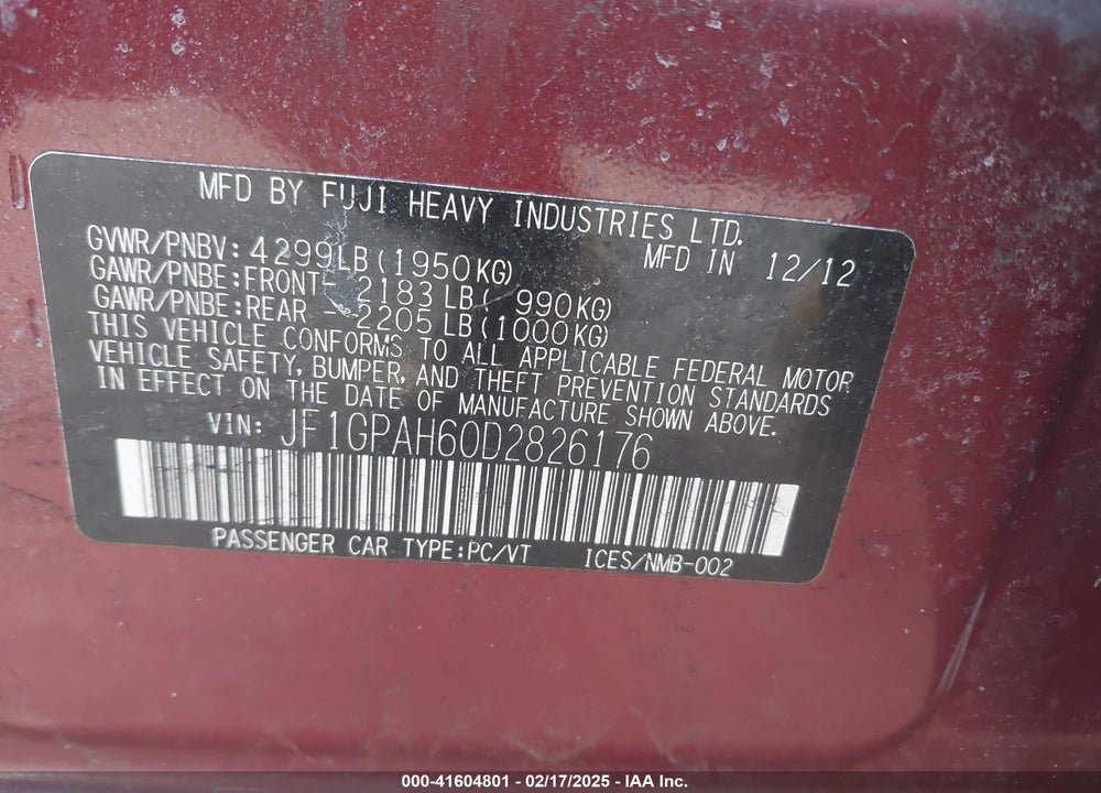 2013 SUBARU IMPREZA 2.0I LIMITED VIN: JF1GPAH60D2826176