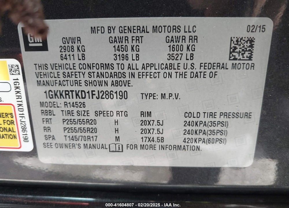 2015 GMC ACADIA DENALI VIN: 1GKKRTKD1FJ286190