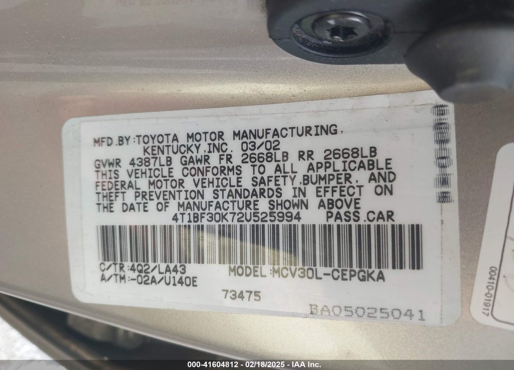 2002 TOYOTA CAMRY XLE V6 VIN: 4T1BF30K72U525994