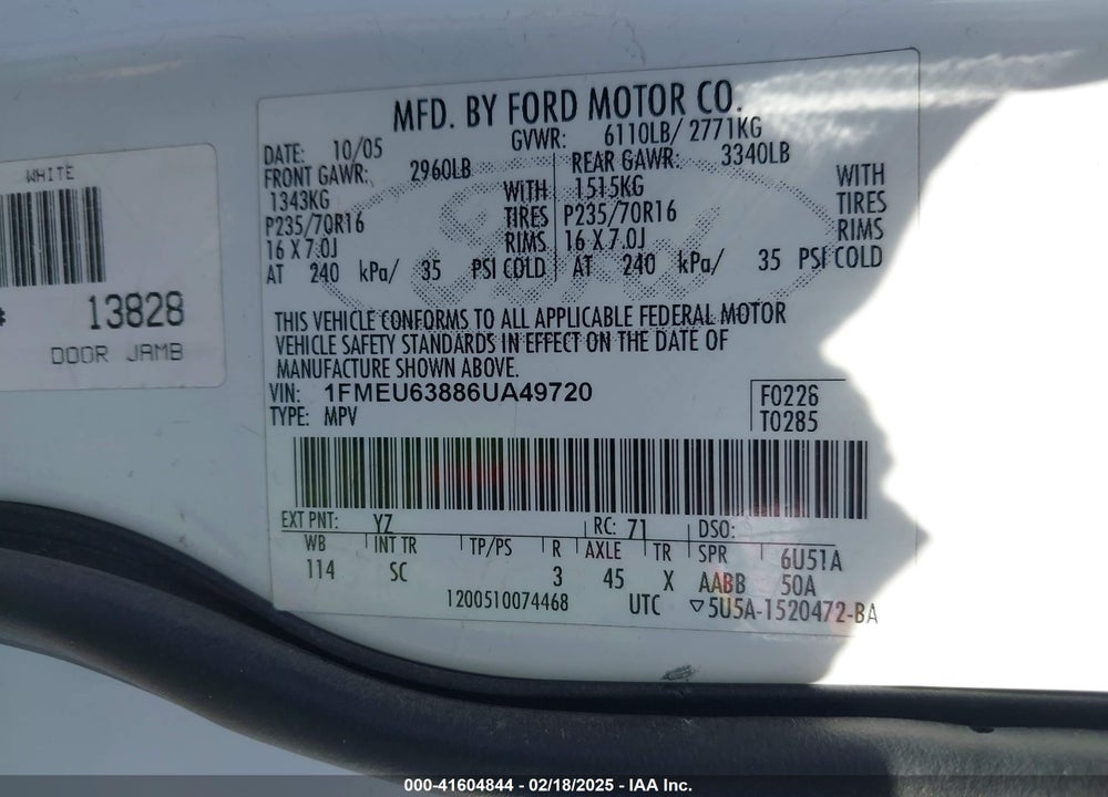 2006 FORD EXPLORER XLT VIN: 1FMEU63886UA49720