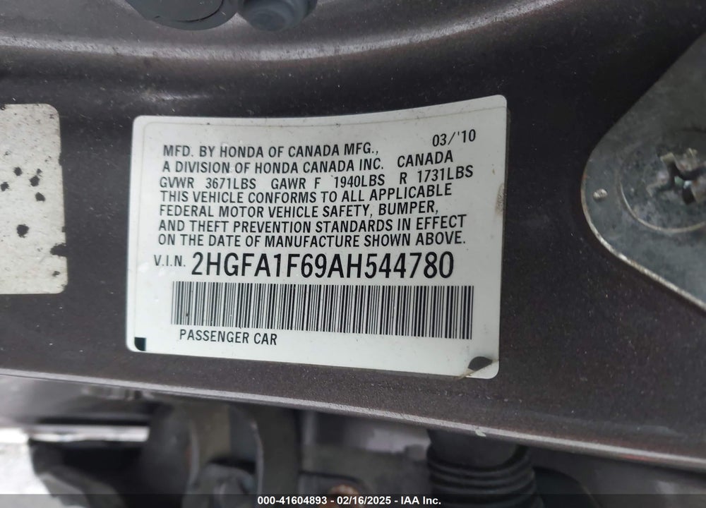 2010 HONDA CIVIC LX-S VIN: 2HGFA1F69AH544780