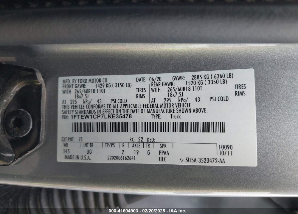 2020 FORD F-150 VIN: 1FTEW1CP7LKE35478
