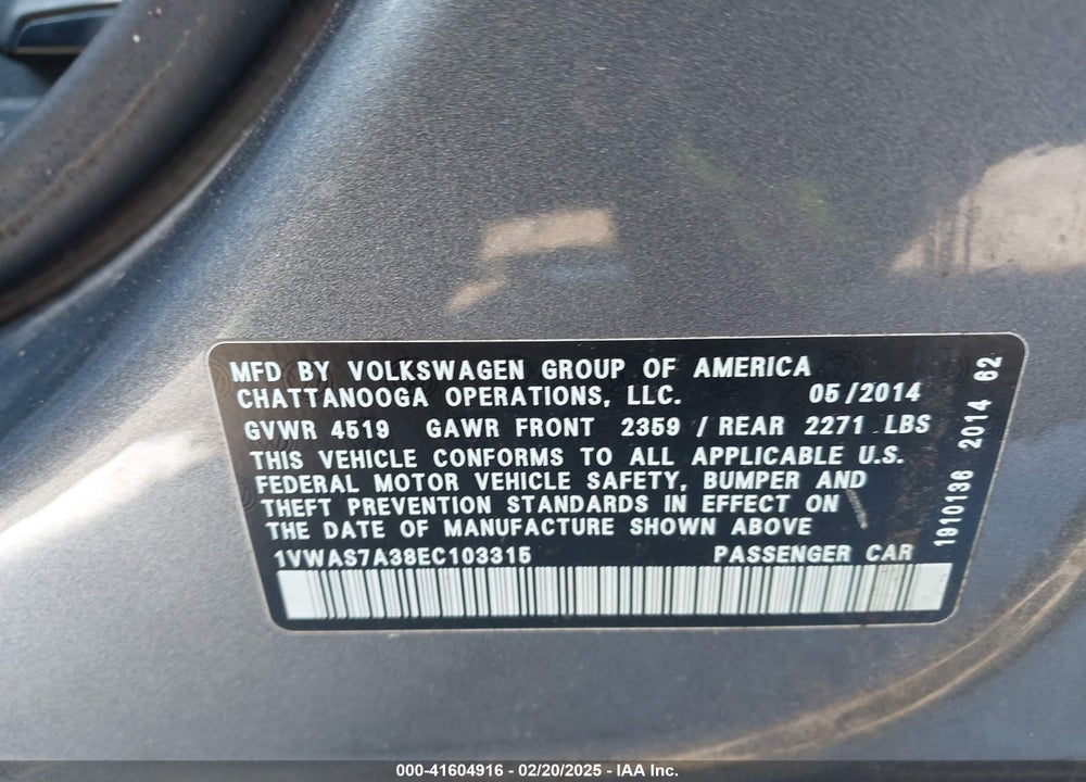 2014 VOLKSWAGEN PASSAT VIN: 1VWAS7A38EC103315