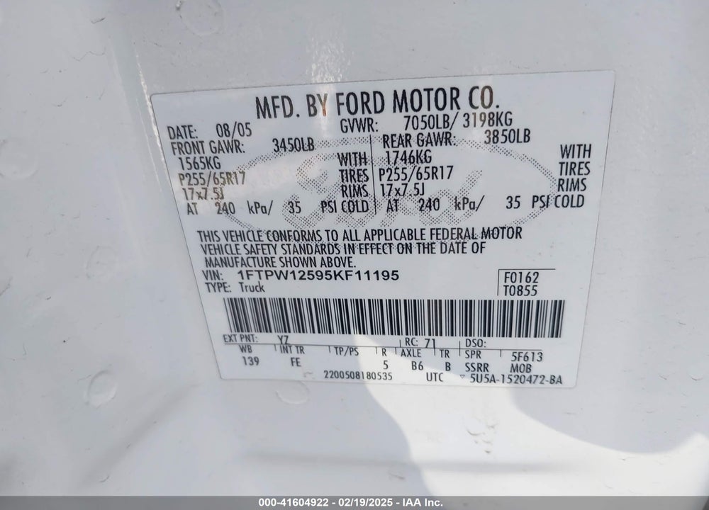 2005 FORD F-150 VIN: 1FTPW12595KF11195