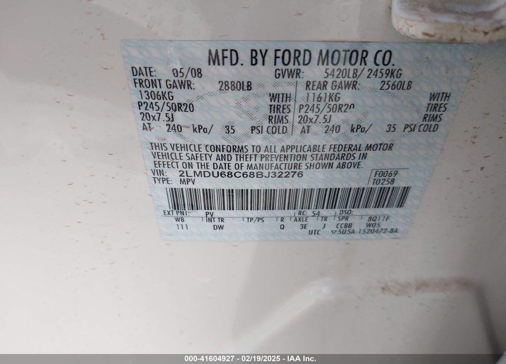2008 LINCOLN MKX VIN: 2LMDU68C68BJ32276