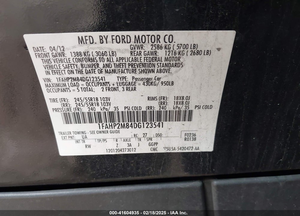 2013 FORD TAURUS VIN: 1FAHP2M84DG123541