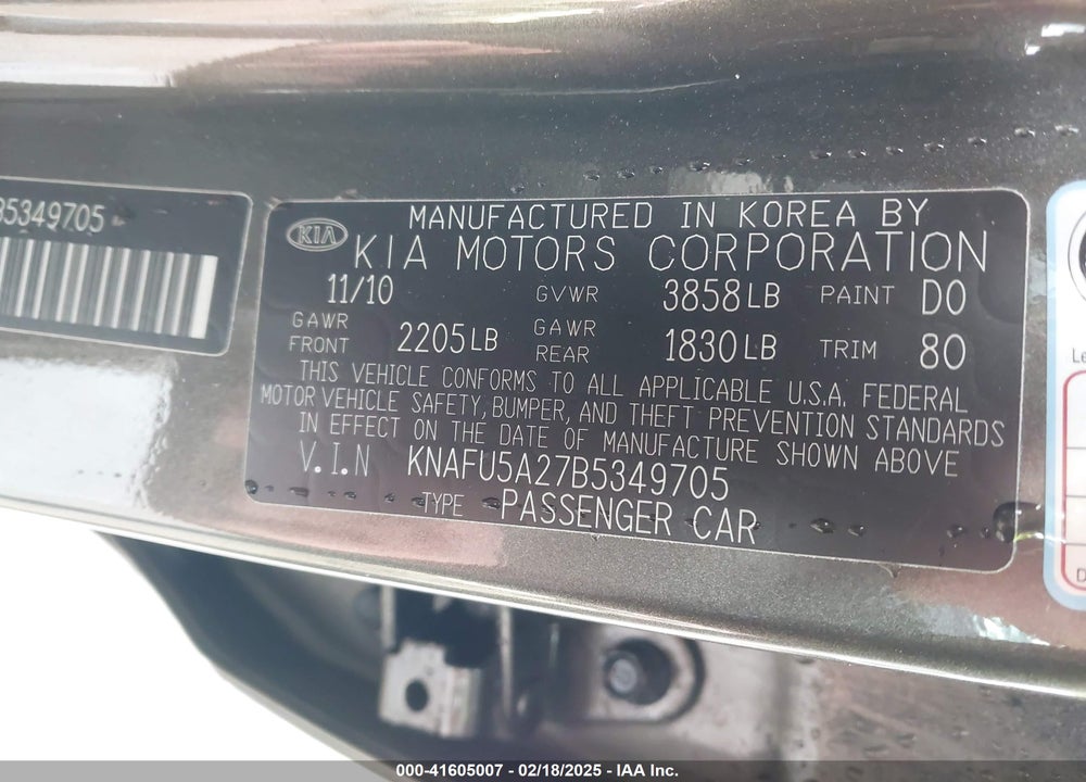 2011 KIA FORTE VIN: KNAFU5A27B5349705