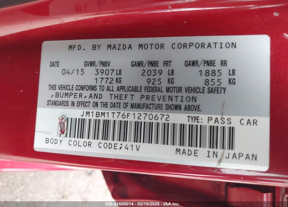2015 MAZDA MAZDA3 VIN: JM1BM1T76F1270672