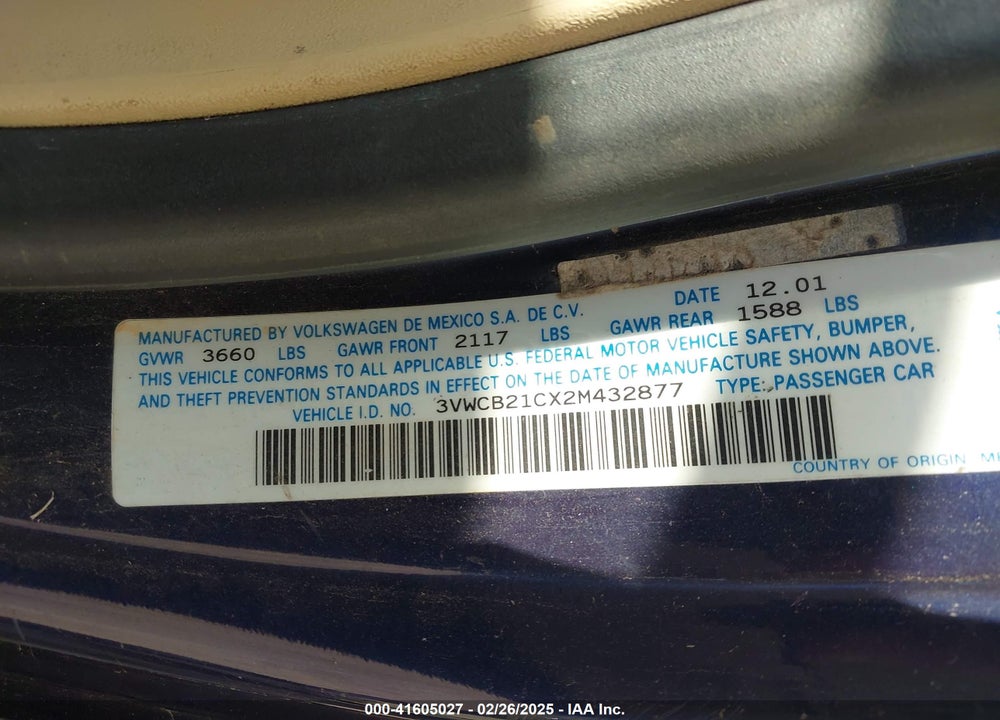 2002 VOLKSWAGEN NEW BEETLE GLS VIN: 3VWCB21CX2M432877