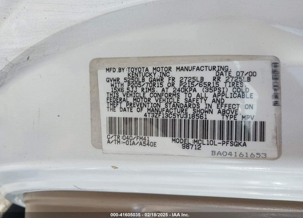 2000 TOYOTA SIENNA XLE VIN: 4T3ZF13C5YU318561