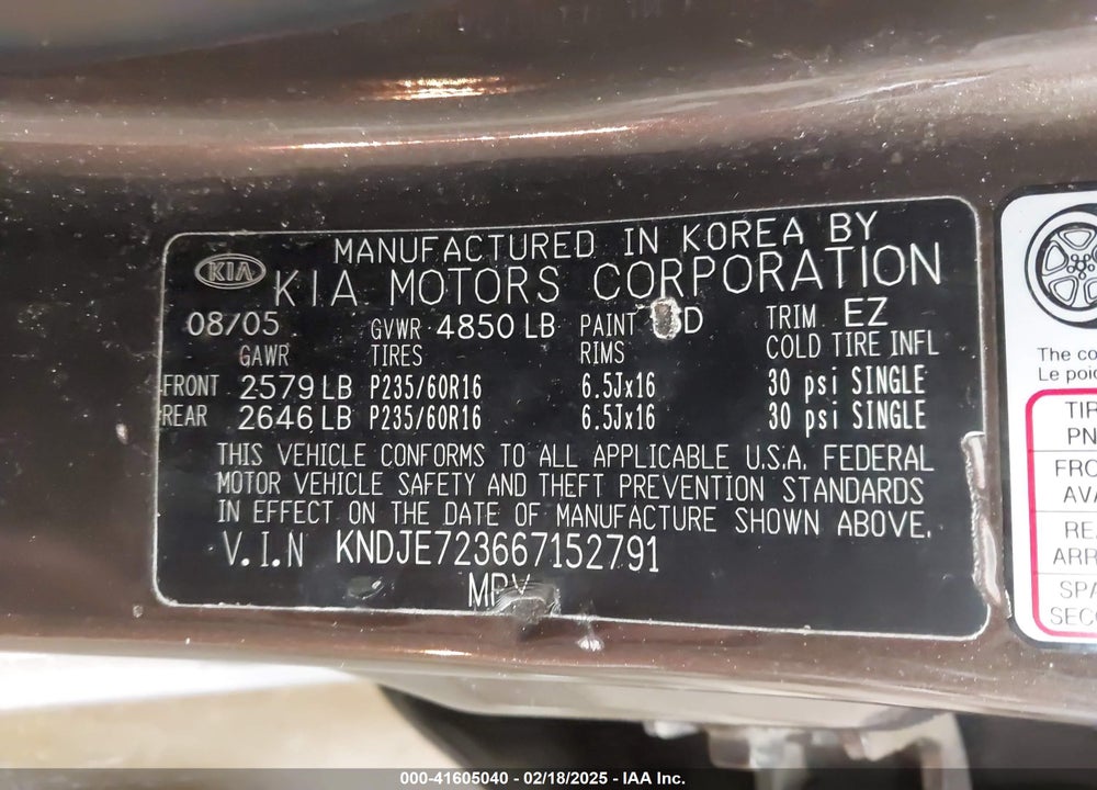 2006 KIA SPORTAGE EX V6/LX V6 VIN: KNDJE723667152791