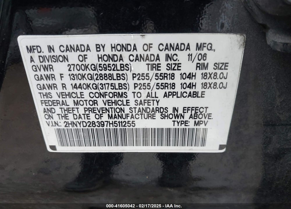 2007 ACURA MDX TECHNOLOGY PACKAGE VIN: 2HNYD28397H511255