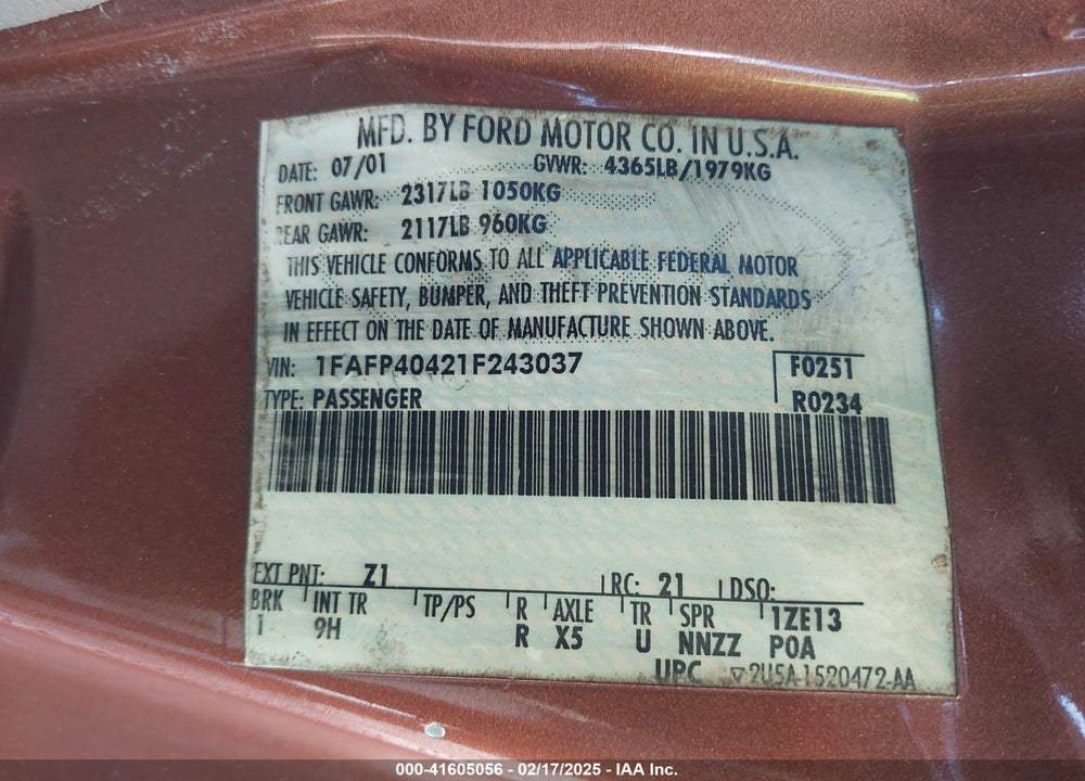 2001 FORD MUSTANG VIN: 1FAFP40421F243037