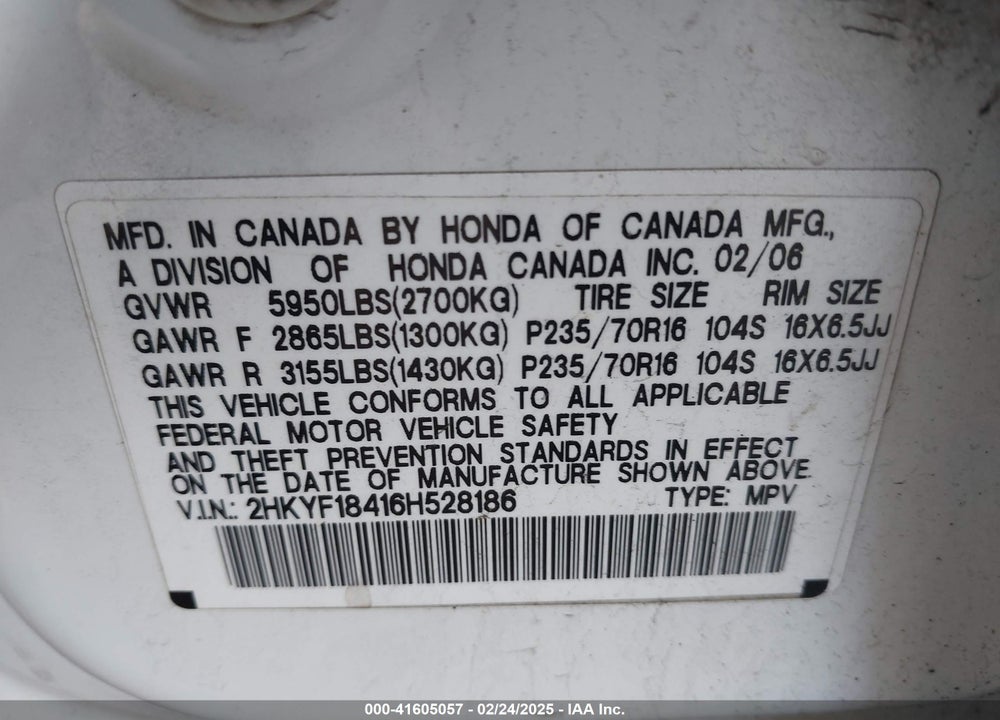 2006 HONDA PILOT EX VIN: 2HKYF18416H528186