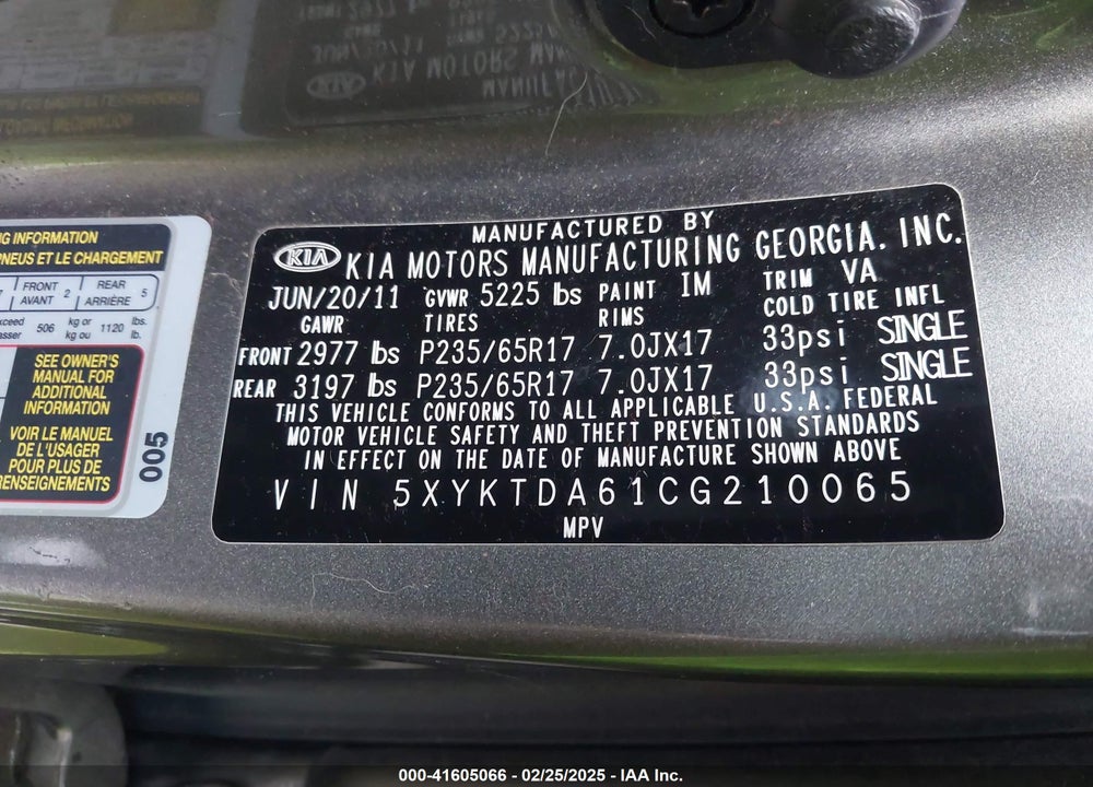 2012 KIA SORENTO VIN: 5XYKTDA61CG210065