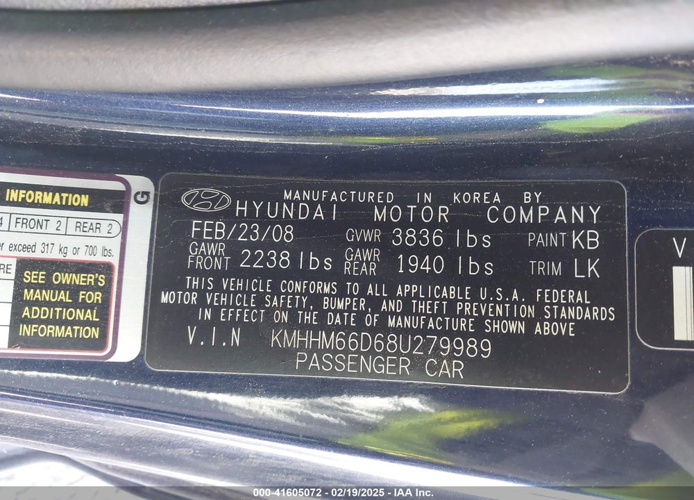 2008 HYUNDAI TIBURON GS VIN: KMHHM66D68U279989