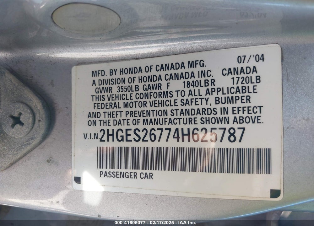 2004 HONDA CIVIC VIN: 2HGES26774H625787