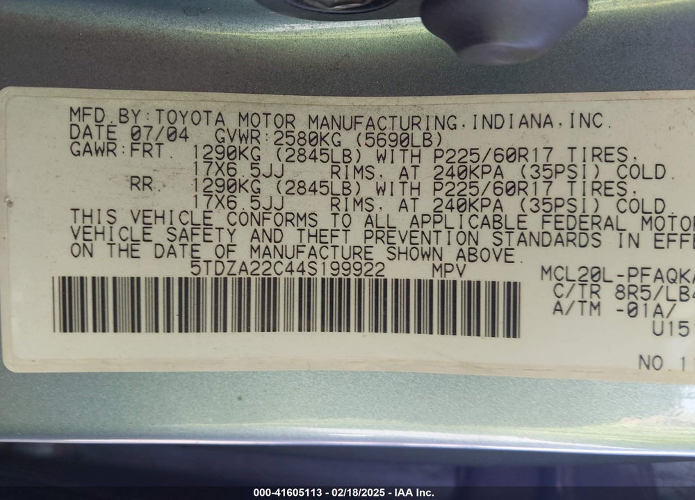 2004 TOYOTA SIENNA XLE LIMITED VIN: 5TDZA22C44S199922