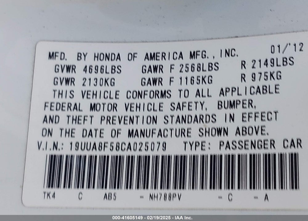 2012 ACURA TL VIN: 19UUA8F58CA025079