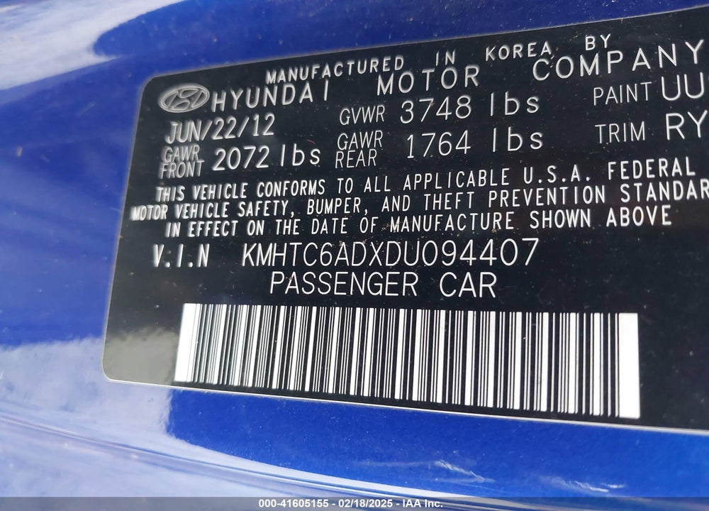 2013 HYUNDAI VELOSTER VIN: KMHTC6ADXDU094407