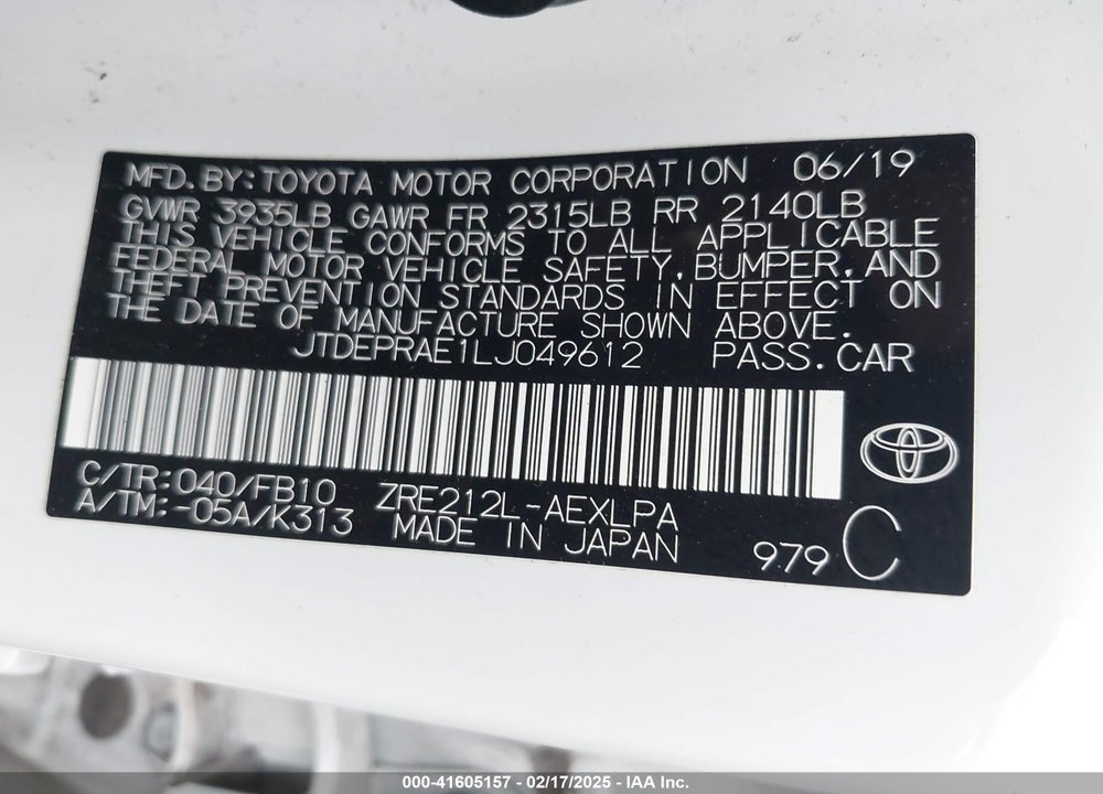 2020 TOYOTA COROLLA LE VIN: JTDEPRAE1LJ049612
